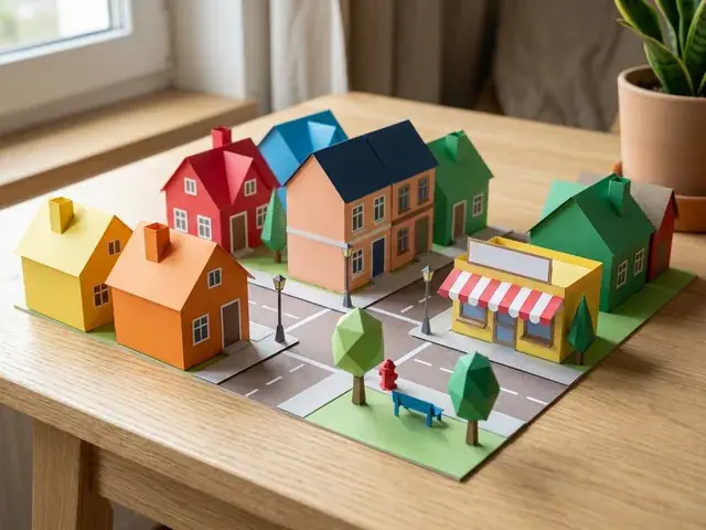 Escenarios de papel 3D de ciudades y casas con calles, edificios y tiendas