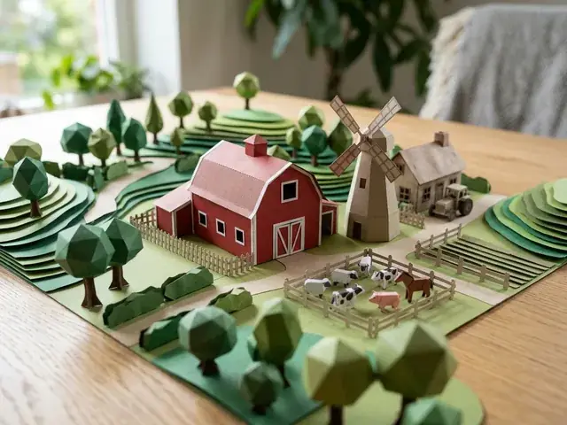 Escenario de papel 3D de granja roja con molino, cercas, árboles y naturaleza