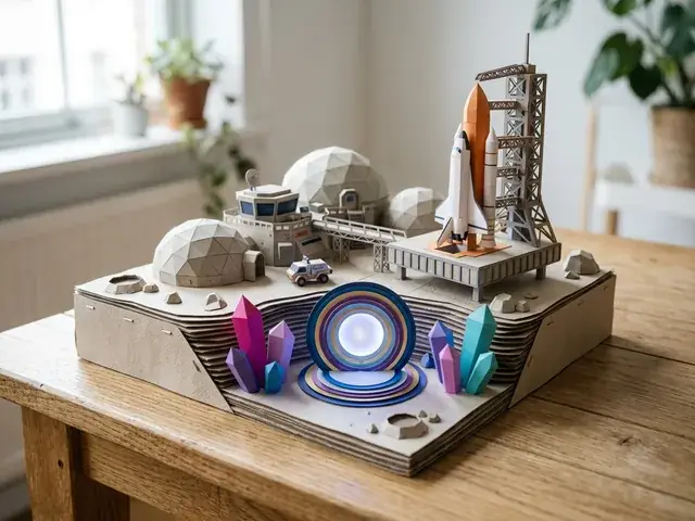 Escenario de papel 3D de base espacial con domos, plataforma de cohete y cristales de fantasía