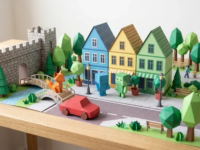 Los mismos juguetes de papel 3D integrados en una ciudad y castillo de papel con calles, casas, puente y árboles