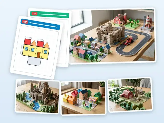 Conjunto digital de plantillas en PDF acompañado de fotografías de escenarios 3D de papel armados